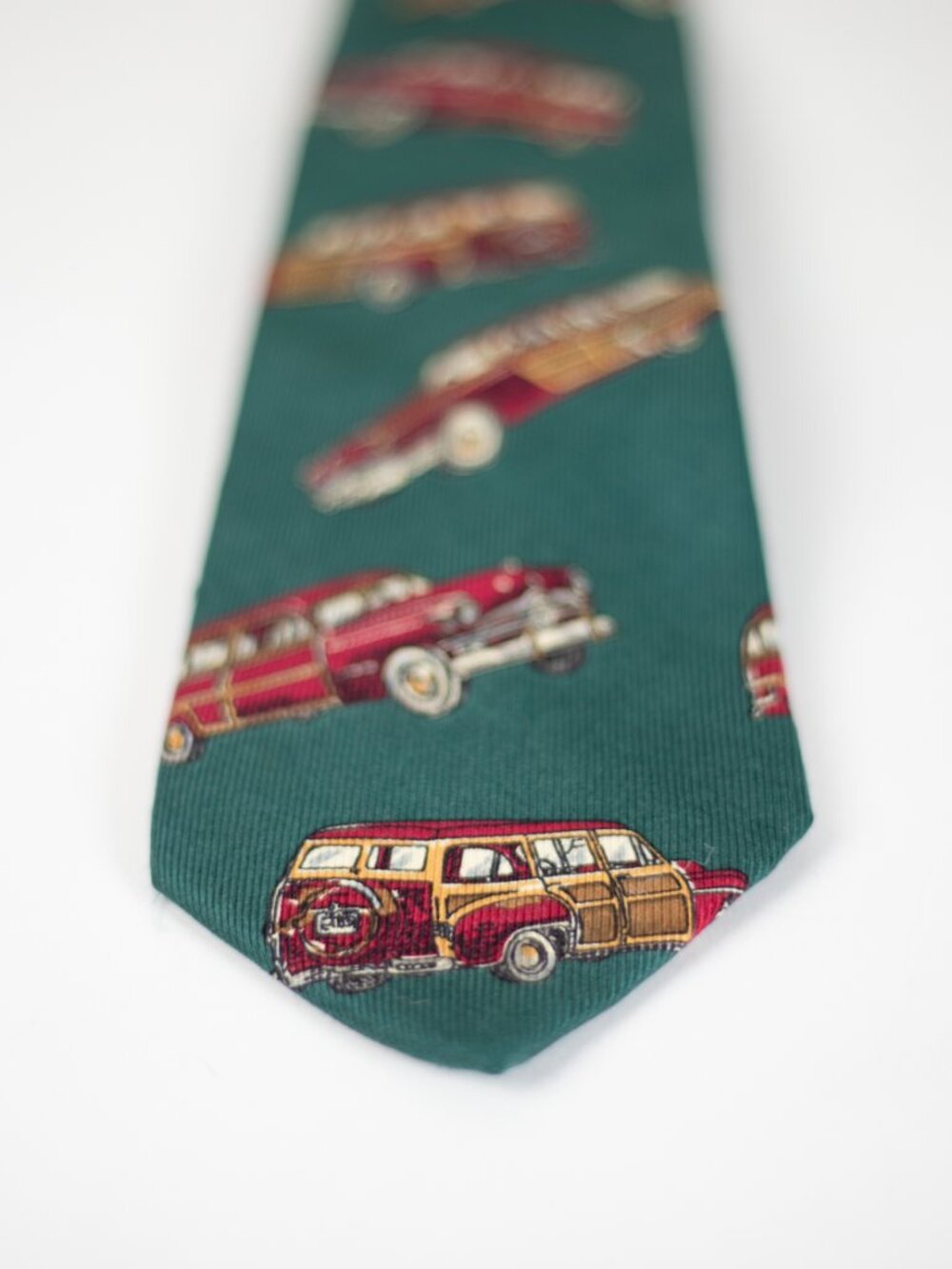 Vintage Silk Novelty Tie | Woody Wagon Print | Forest Green | Hand Sewn USA